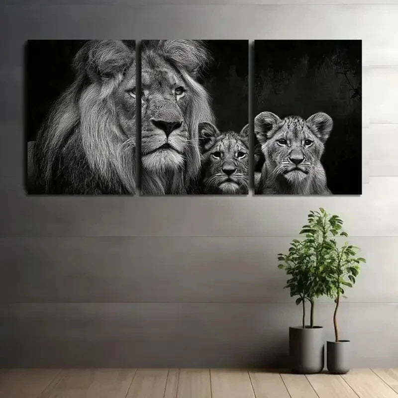 3pcs Black-And-White Portrait of a Lion with Cubs Metal Print Ready to Hang Art - Bella Home Decor