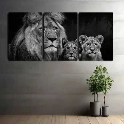 3pcs Black-And-White Portrait of a Lion with Cubs Metal Print Ready to Hang Art - Bella Home Decor
