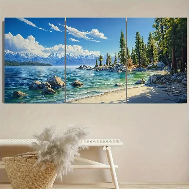 3pcs Vibrant Blue Waters, Snow-Capped Mountains Wall Art Set Canvas Framed 40x60cm - High Quality Print 100% Australian Made Wall Canvas Ready to Hang - Bella Home Decor