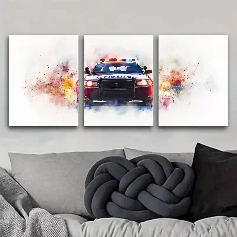 3pcs Watercolor Painting Dynamic Police Car Art Set Canvas Framed 50x70cm - High Quality Print 100% Australian Made Wall Canvas Ready to Hang