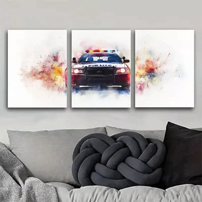 3pcs Watercolor Painting Dynamic Police Car Art Set Canvas Framed 50x70cm - High Quality Print 100% Australian Made Wall Canvas Ready to Hang
