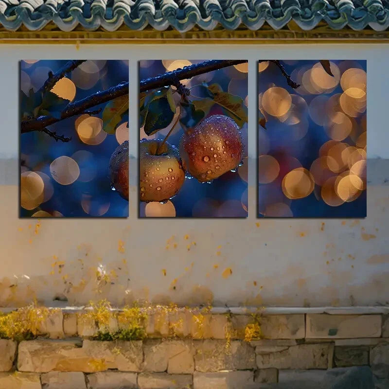 3pcs Apples with Water Droplets on Branches Design Metal Print Ready to Hang Art - Bella Home Decor