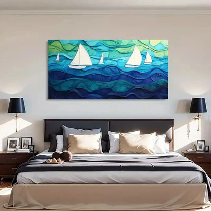 Sea Waves Vibrant Blue Décor Wall Art Canvas Office Home Room Framed 120x60cm - Bella Home Decor