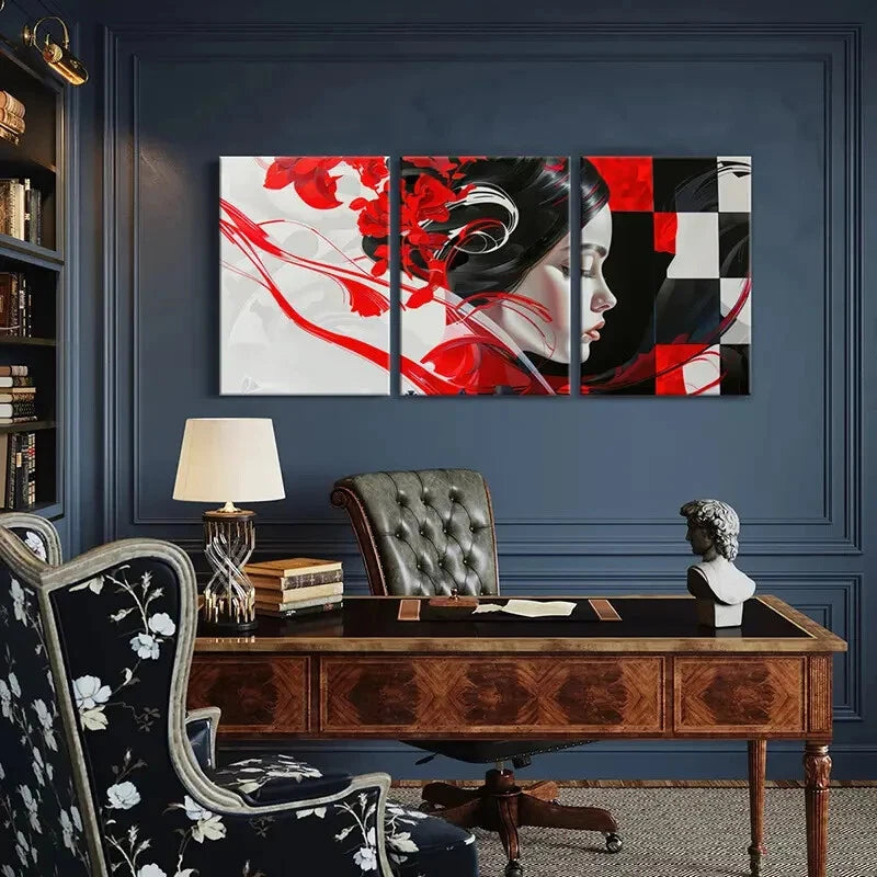 3pcs Abstract Art Red Flowers Geometric Patterns Metal Print Ready to Hang Art - Bella Home Decor