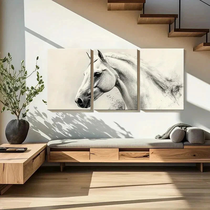 3pcs Elegant Horse Art Monochrome Sketch Metal Print Ready to Hang Art - Bella Home Decor