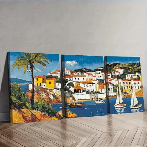 3pcs Caribbean houses and boats Wall Art Set Canvas Unframed - High Quality Print 100% Australian Made Wall Canvas - Bella Home Decor