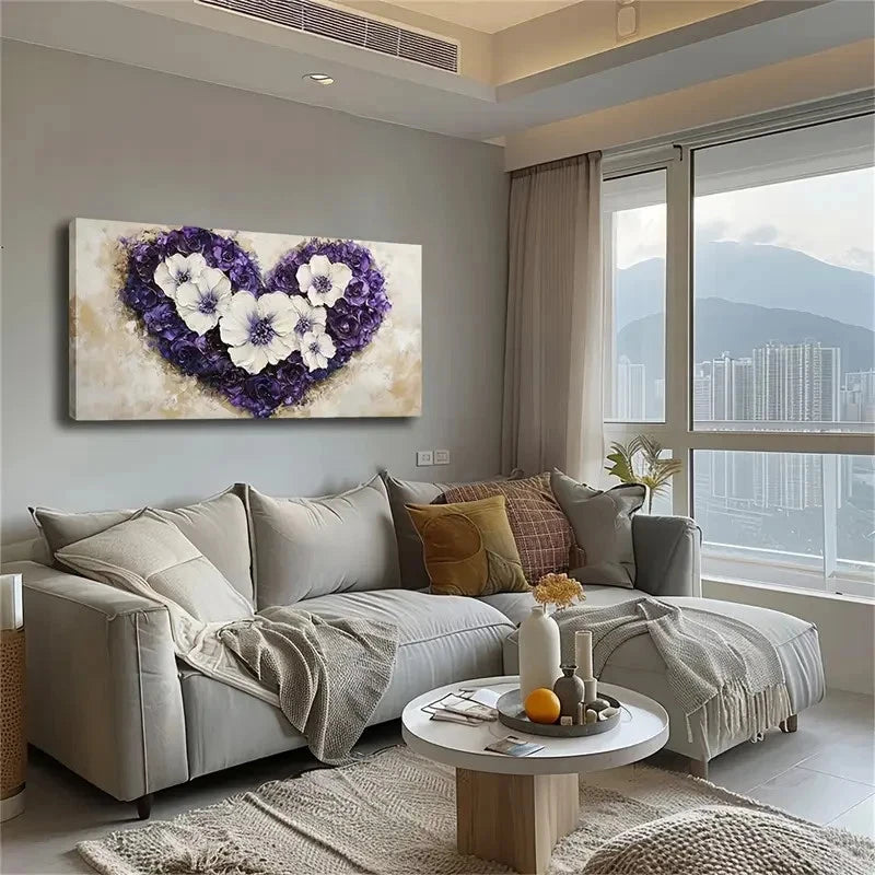 Abstract Purple & White Floral Wall Art Canvas Office Home Room Framed 120x60cm