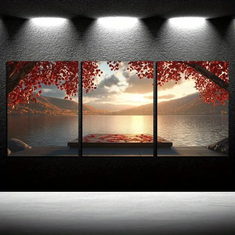 3pcs Autumn Red Leaves and Lake Sunset Scenery Metal Print Ready to Hang Art