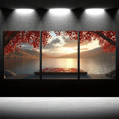3pcs Autumn Red Leaves and Lake Sunset Scenery Metal Print Ready to Hang Art