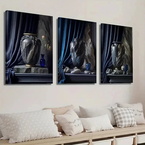 3pcs Tone Vase Art Blue Vase Plant Wall Art Set Canvas Unframed - High Quality Print 100% Australian Made Wall Canvas