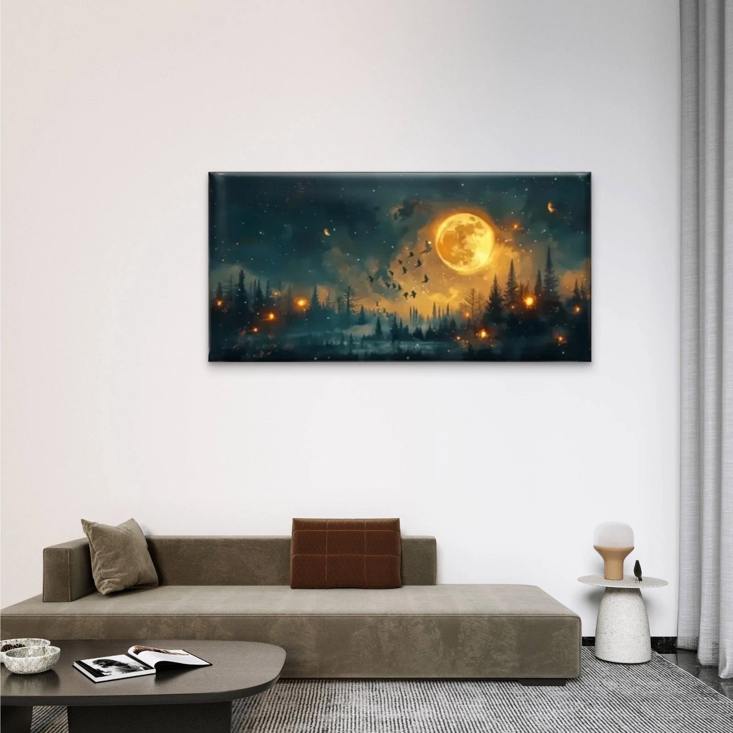 Yellow Moon Forest Birds Dark Wall Art Canvas Office Home Room Framed 120x60cm