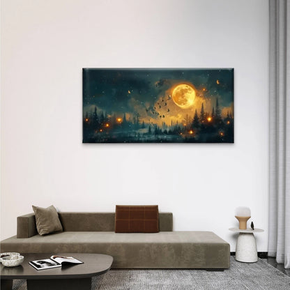 Yellow Moon Forest Birds Dark Wall Art Canvas Office Home Room Framed 120x60cm