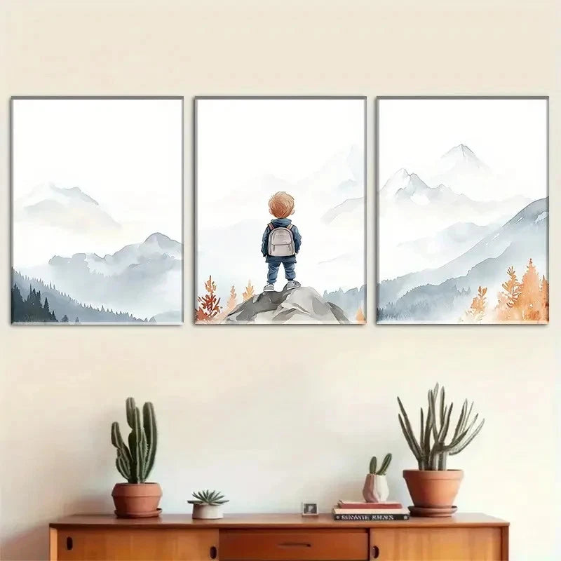 3pcs Boys' Mountain and Watercolor Scenery Metal Print Ready to Hang Art - Bella Home Decor