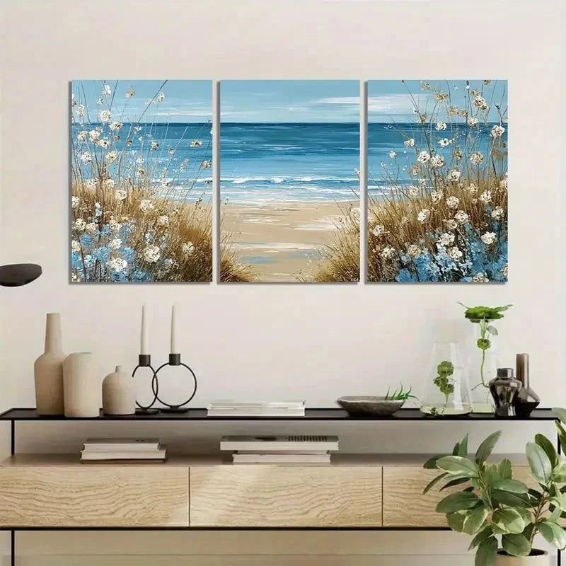 3pcs Beach Scene with Blue Water and Brown Grass Metal Print Ready to Hang Art - Bella Home Decor