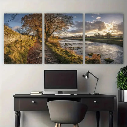 3pcs River Tweed Print with Lone Tree & Stone Metal Print Ready to Hang Art - Bella Home Decor