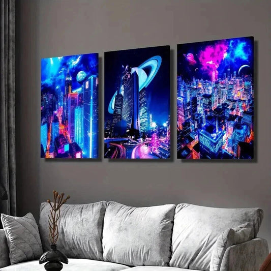 3pcs Sci-Fi City Night Scene with Neon Colors Wall Art Set Canvas Framed 60x90cm - High Quality Print 100% Australian Made Wall Canvas Ready to Hang
