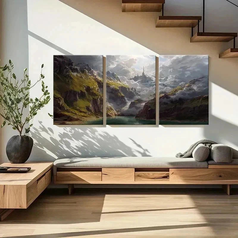 3pcs Mountain Valley with Mystical Castle Wall Art Set Canvas Framed 60x90cm - High Quality Print 100% Australian Made Wall Canvas Ready to Hang