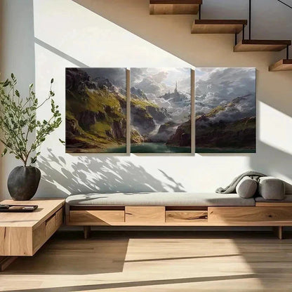 3pcs Mountain Valley with Mystical Castle Wall Art Set Canvas Framed 60x90cm - High Quality Print 100% Australian Made Wall Canvas Ready to Hang