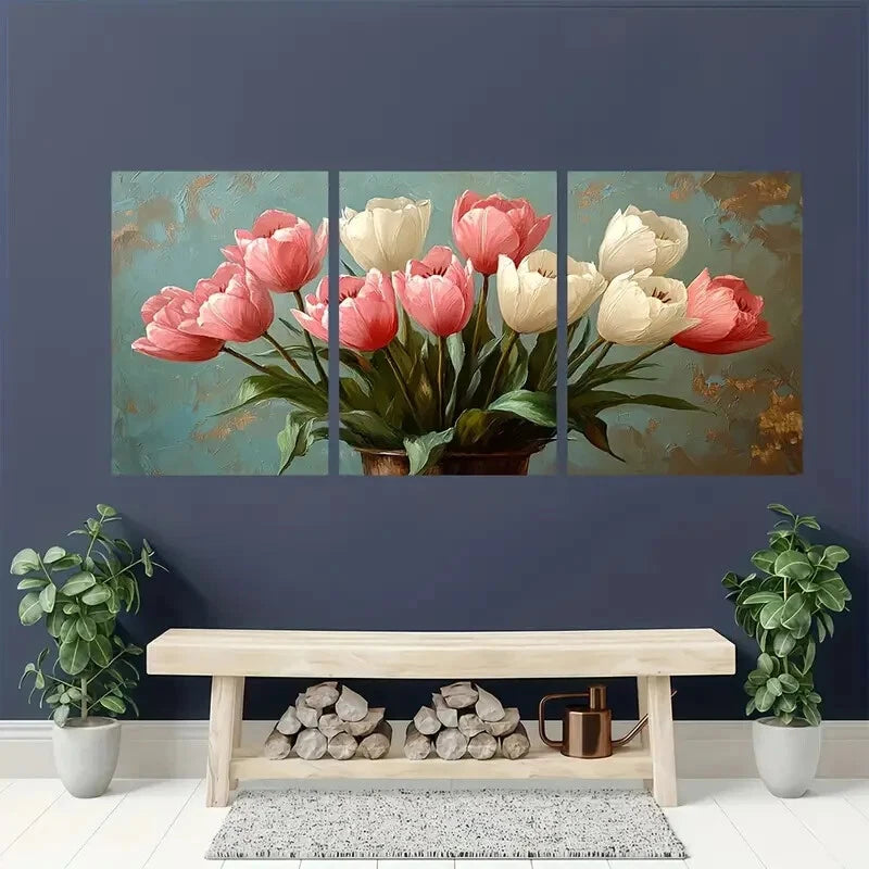 3pcs Fresh White and Pale Pink Tulips in Vases Metal Print Ready to Hang Art - Bella Home Decor