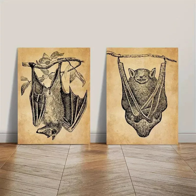 2pcs Antique Art, Gothic, Retro Bat Canvas Framed 50x75cm - High Quality Print 100% Australian Made Wall Canvas Ready to Hang - Bella Home Decor