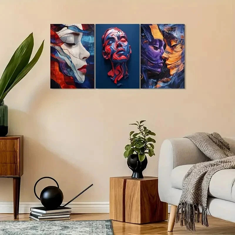 3pcs Vintage Abstract Expressionist Portrait Metal Print Ready to Hang Art - Bella Home Decor