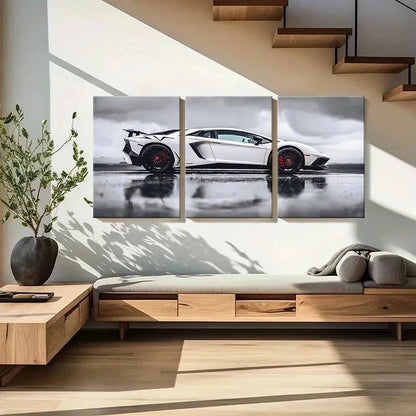 3pcs White Lambo Super Car Modern Vehicle Wall Art Set Canvas Framed 50x70cm - High Quality Print 100% Australian Made Wall Canvas Ready to Hang