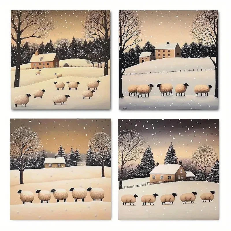4pcs Festive Sheep & Snowfall Themed Wall Art Canvas Framed