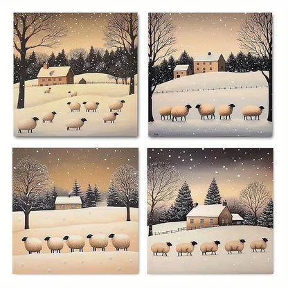 4pcs Festive Sheep & Snowfall Themed Wall Art Canvas Framed
