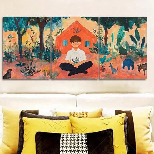 3pcs Vibrant Boy & Wildlife Scenes Wall Art Canvas Unframed - High Quality Print 100% Australian Made Wall Canvas