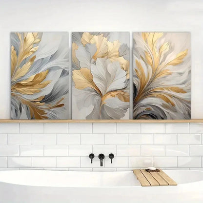 3pcs Modern Abstract Golden & White Leaf Metal Print Ready to Hang Art - Bella Home Decor