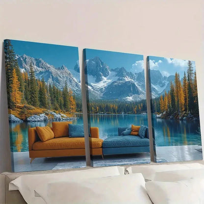 3pcs Lake Painting in Earthy Tones Z Wall Art Set Canvas Framed 40x60cm - High Quality Print 100% Australian Made Wall Canvas Ready to Hang - Bella Home Decor