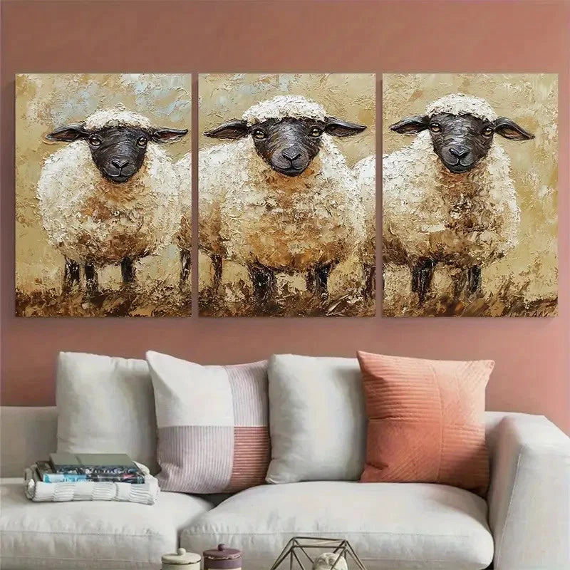 3pcs Sheep Farm Animals Rustic Design Metal Print Ready to Hang Art - Bella Home Decor