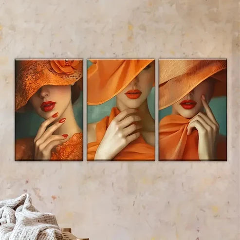 3pcs Col of Woman Wearing Hat Wall Art Set Canvas Unframed - High Quality Print 100% Australian Made Wall Canvas