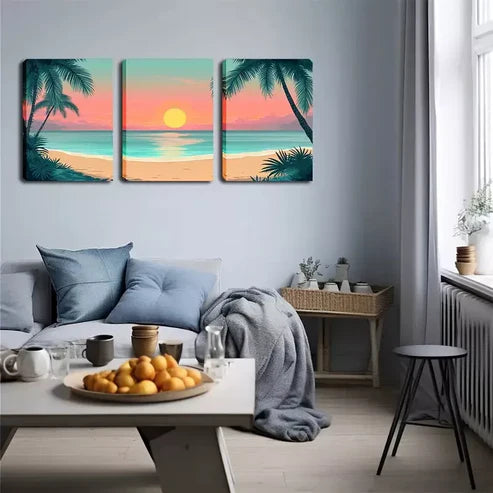 3pcs Vibrant Seaside Coconut Trees, Red Sky Wall Art Canvas Unframed - High Quality Print 100% Australian Made Wall Canvas
