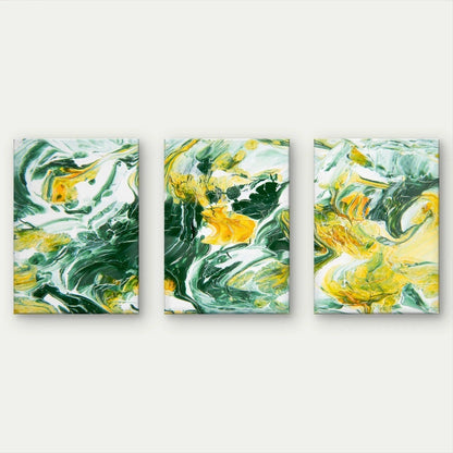 3pcs Abstract Green and Yellow Fluid Paint Wall Art Set Canvas Framed 60x90cm - High Quality Print 100% Australian Made Wall Canvas Ready to Hang