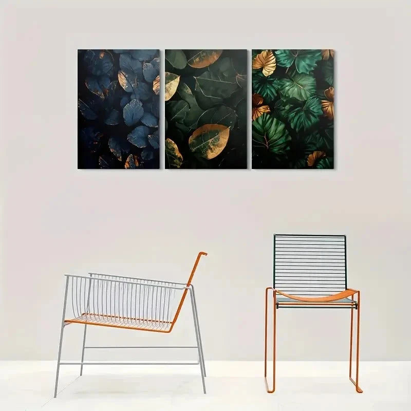 3pcs Dark Green & Golden Leaves Metal Print Ready to Hang Art - Bella Home Decor