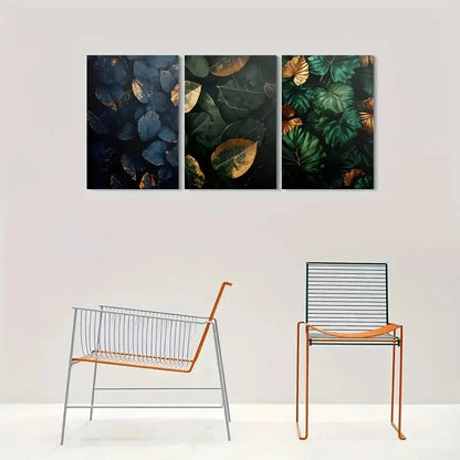 3pcs Dark Green & Golden Leaves Metal Print Ready to Hang Art - Bella Home Decor