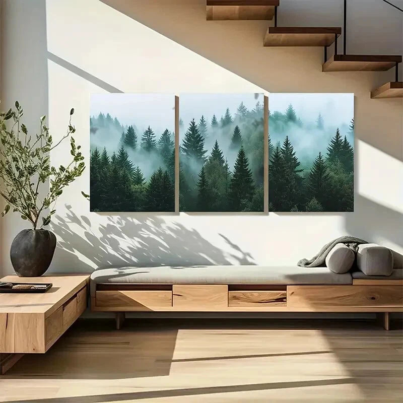 3pcs Foggy Mountains Misty Pine Scenic Forest Metal Print Ready to Hang Art - Bella Home Decor