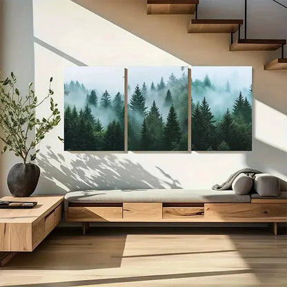 3pcs Foggy Mountains Misty Pine Scenic Forest Metal Print Ready to Hang Art - Bella Home Decor