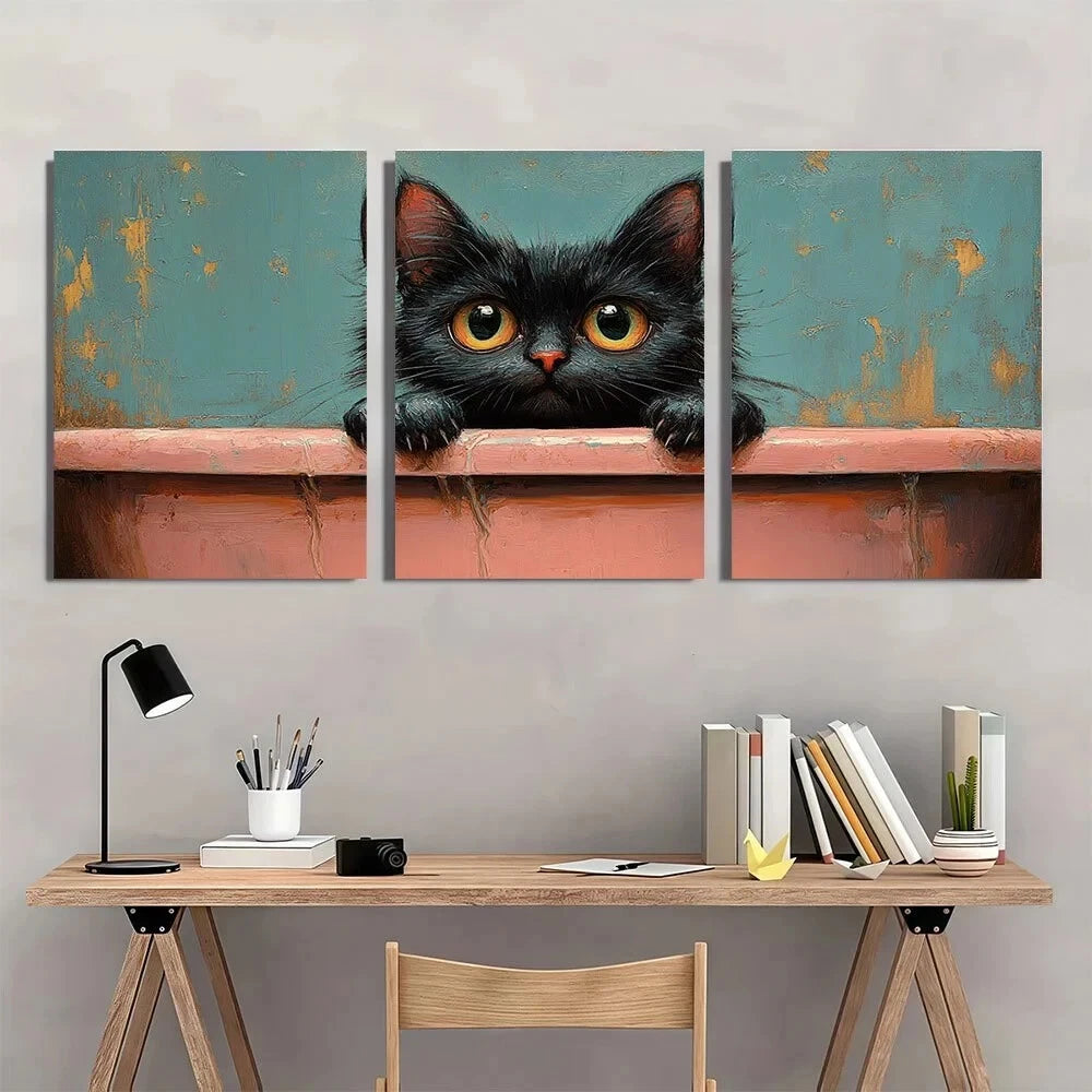 3pcs Retro Funny Black Cute Cat Metal Print Ready to Hang Art - Bella Home Decor