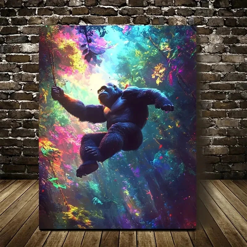 Gorilla Swinging in Magical Forest Painting 40x60cm Metal Print Ready to Hang - Bella Home Decor