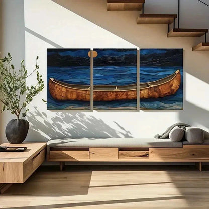 3pcs Vintage Moonlit Canoe & Ocean Waves Wall Art Set Canvas Framed 40x60cm - High Quality Print 100% Australian Made Wall Canvas Ready to Hang
