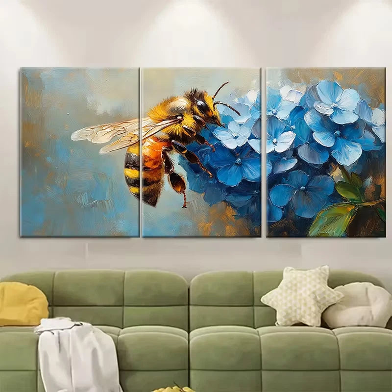 3pcs Hydrangea Painting Honeybee Metal Print Ready to Hang Art