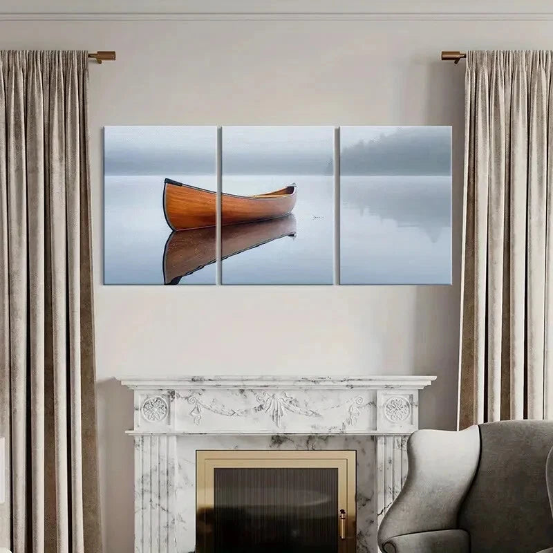 3pcs Tranquil Lake Scene with Wooden Canoe Metal Print Ready to Hang Art - Bella Home Decor