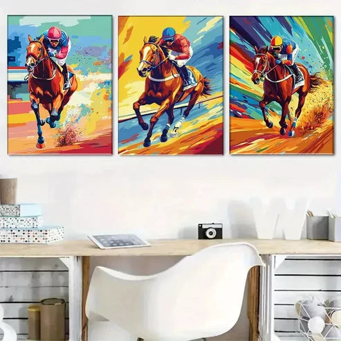 3 PCS Colorful Pop Art Style Horse Racing Wall Art Set Canvas Unframed - High Quality Print 100% Australian Made Wall Canvas