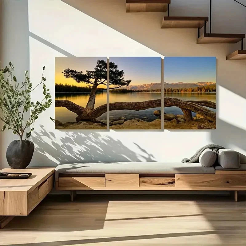 3pcs Calm Lake & Tree at Dawn Wall Art Metal Print Ready to Hang Art - Bella Home Decor