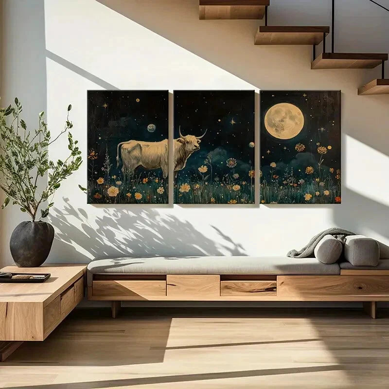 3pcs Moonlit Night Highland Cow Floral Meadow Metal Print Ready to Hang Art - Bella Home Decor