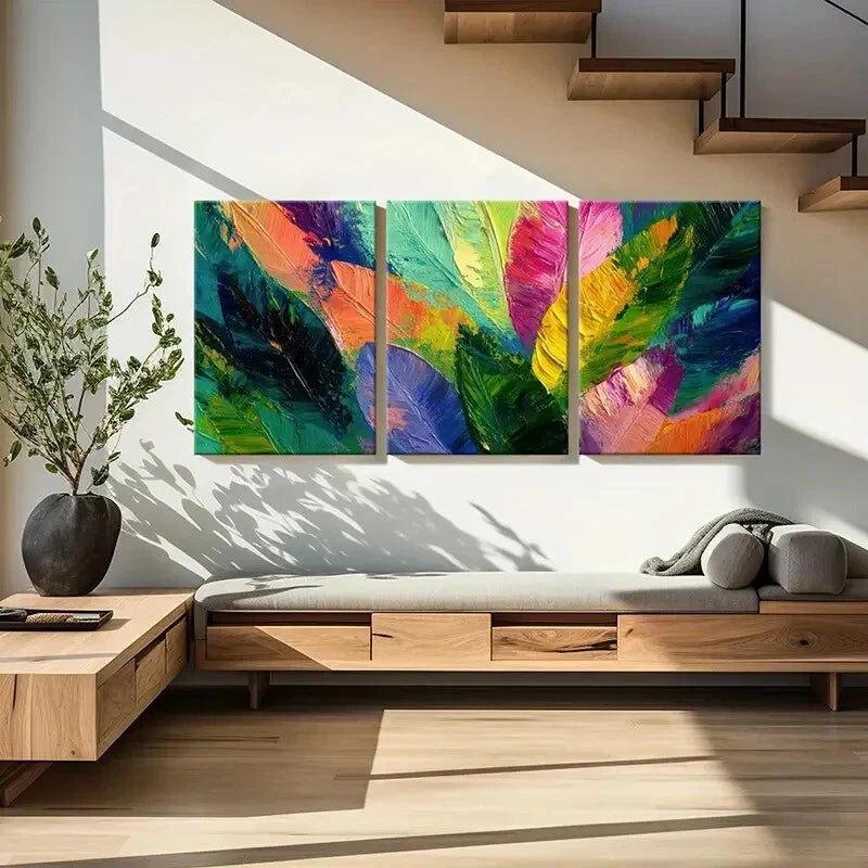 3pcs Abstract Feather Art Vibrant Colors Painting Metal Print Ready to Hang Art - Bella Home Decor