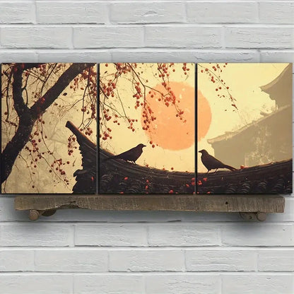 3pcs Tree on Eaves Two Birds Red Leaves Metal Print Ready to Hang Art - Bella Home Decor