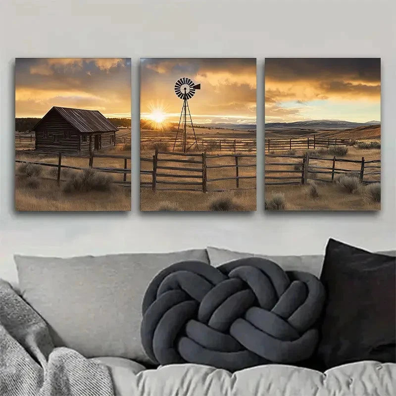 3pcs Rural Farm Sunset Wall Art Set Metal Print Ready to Hang Art - Bella Home Decor